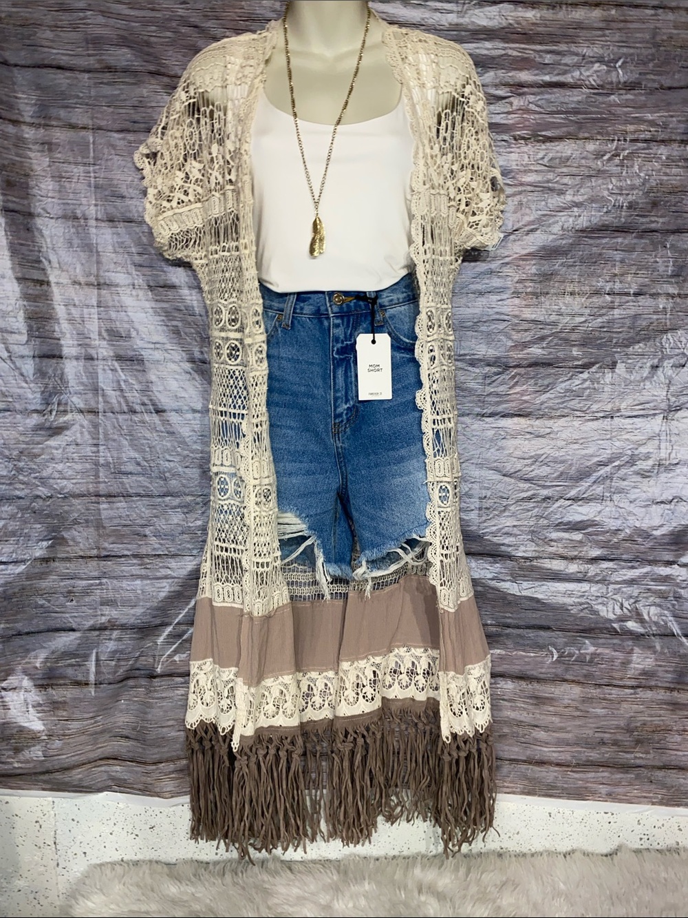 Origami By Viven Boho Crochet Fringe Duster Cardigan in Cream & Taupe